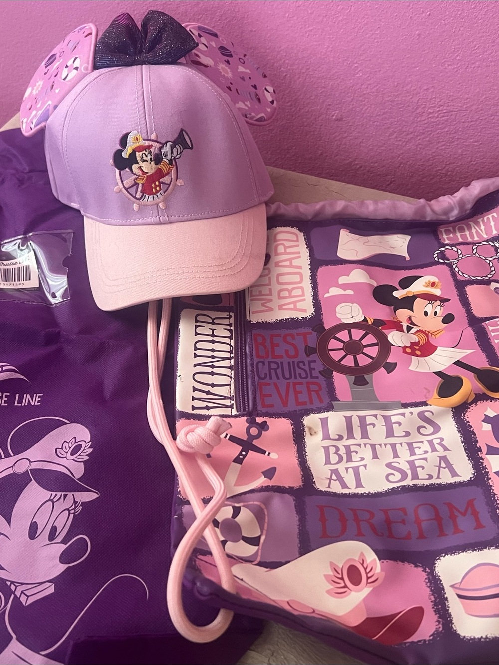 Disney Cruise Captain Minnie Set Bag + Ears Purple Pink NEW